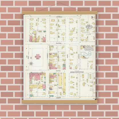 Old map wall art mockup — magnetic wood frame on brick wall — Sanborn Fire Insurance Map from Memphis, Scotland County, Missouri (1898), Sheet #0003