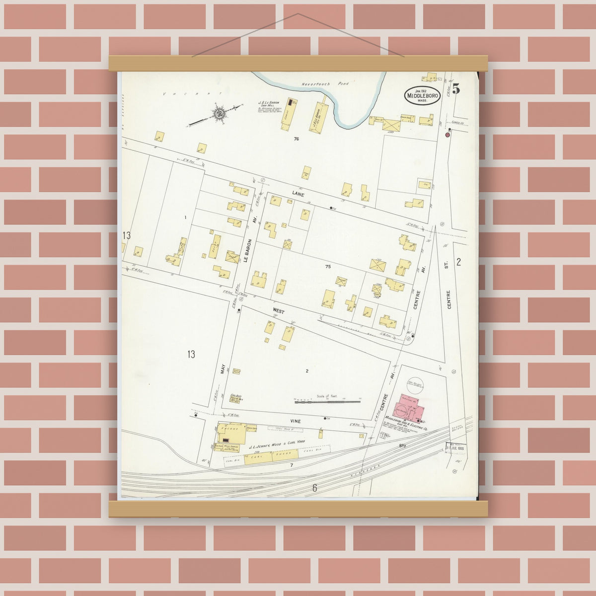 Old map wall art mockup — magnetic wood frame on brick wall — Sanborn Fire Insurance Map from Middleboro, Plymouth County, Massachusetts (1912), Sheet #0005