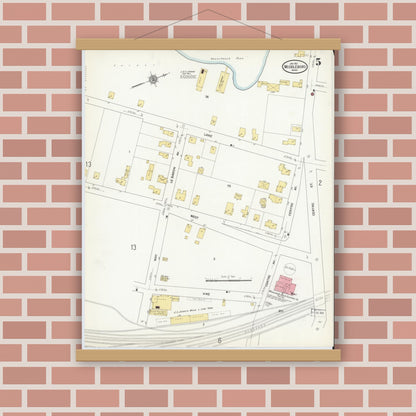 Old map wall art mockup — magnetic wood frame on brick wall — Sanborn Fire Insurance Map from Middleboro, Plymouth County, Massachusetts (1912), Sheet #0005