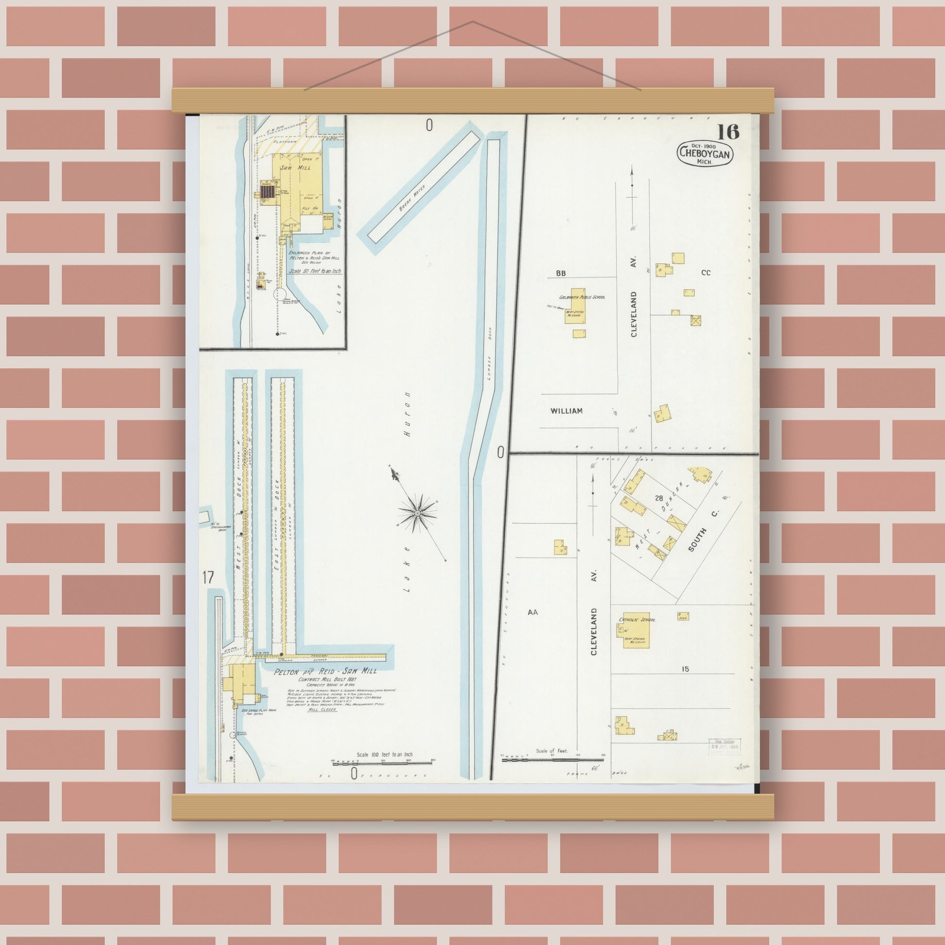 Old map wall art mockup — magnetic wood frame on brick wall — Sanborn Fire Insurance Map from Cheboygan, Cheboygan County, Michigan (1900), Sheet #0016