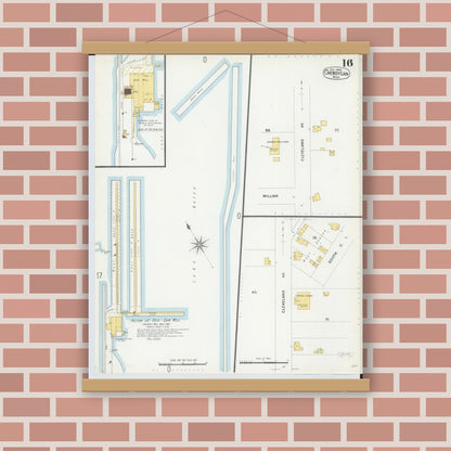 Old map wall art mockup — magnetic wood frame on brick wall — Sanborn Fire Insurance Map from Cheboygan, Cheboygan County, Michigan (1900), Sheet #0016
