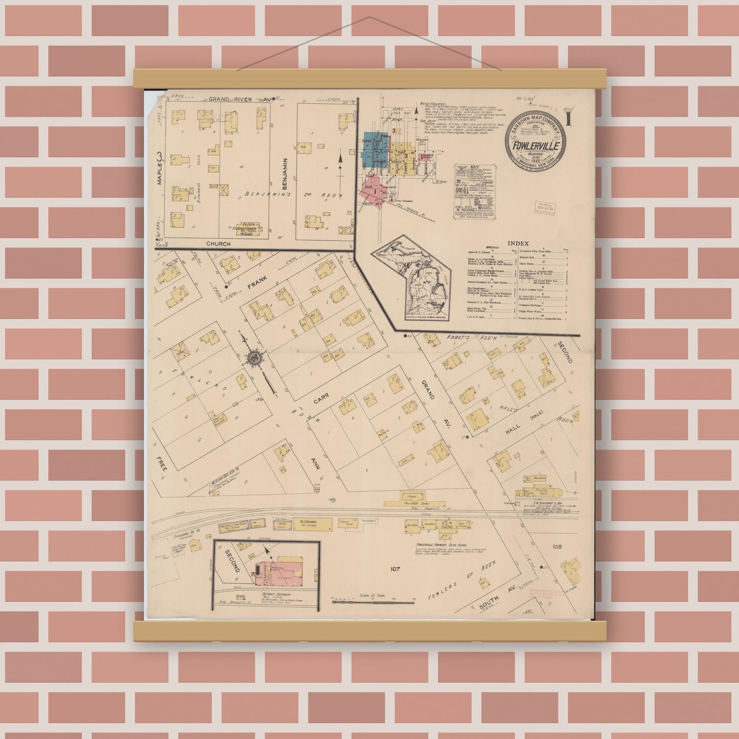 Old map wall art mockup — magnetic wood frame on brick wall — Sanborn Fire Insurance Map from Fowlerville, Livingston County, Michigan (1922) - Complete Map Set