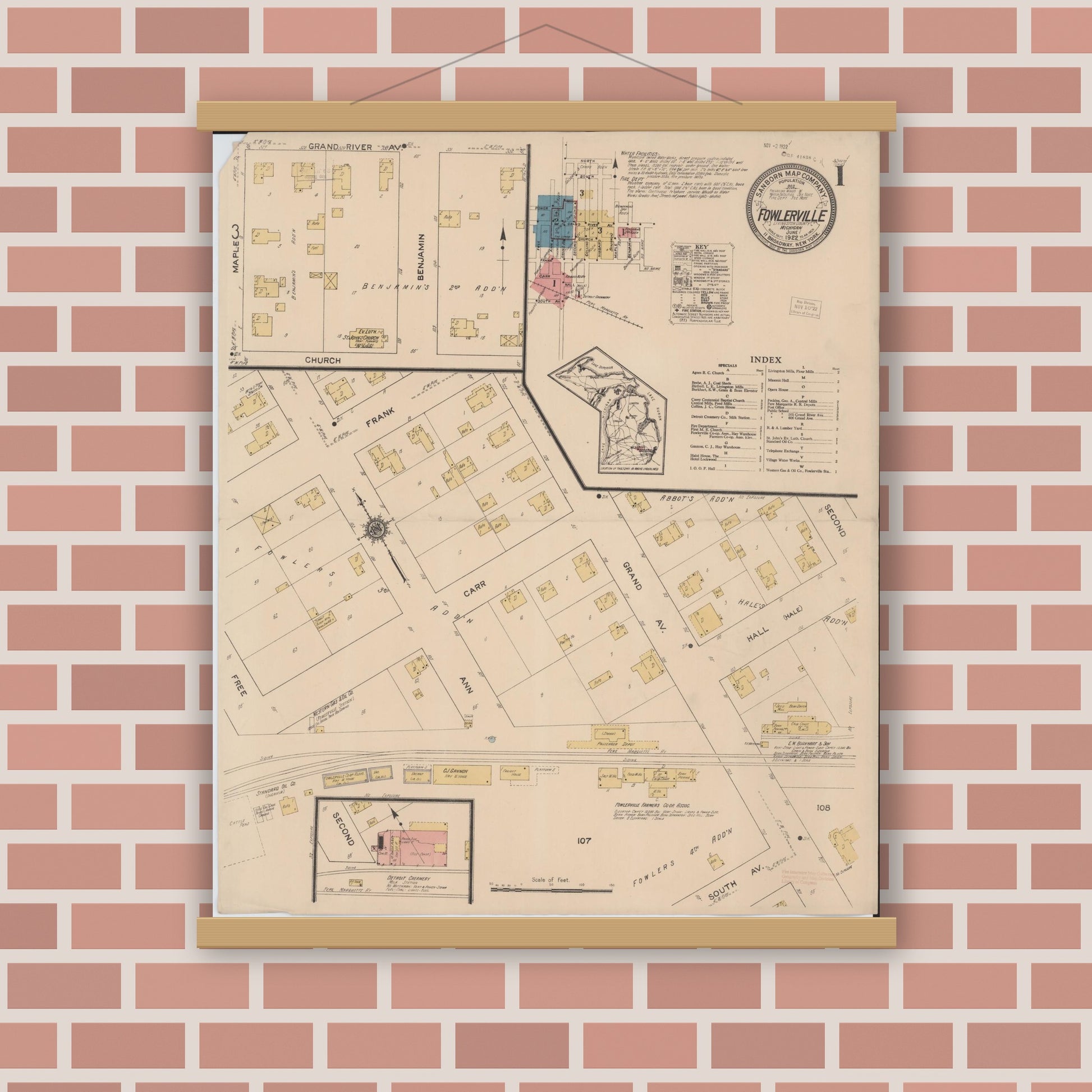 Old map wall art mockup — magnetic wood frame on brick wall — Sanborn Fire Insurance Map from Fowlerville, Livingston County, Michigan (1922) - Complete Map Set