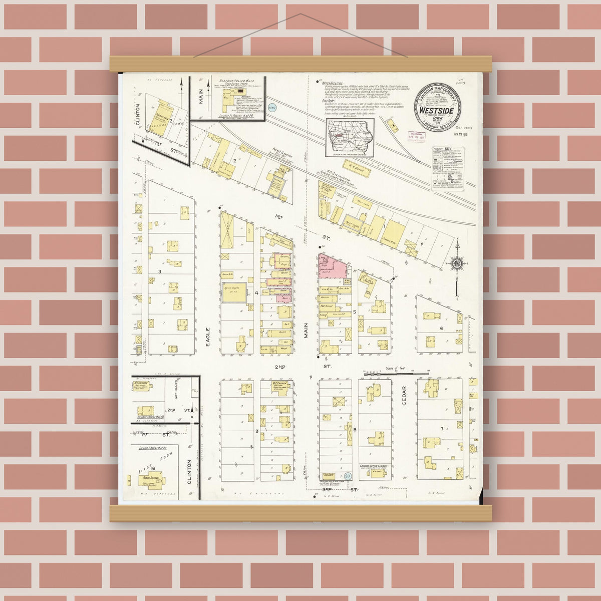 Old map wall art mockup — magnetic wood frame on brick wall — Sanborn Fire Insurance Map from Westside, Crawford County, Iowa (1915), Sheet #0001