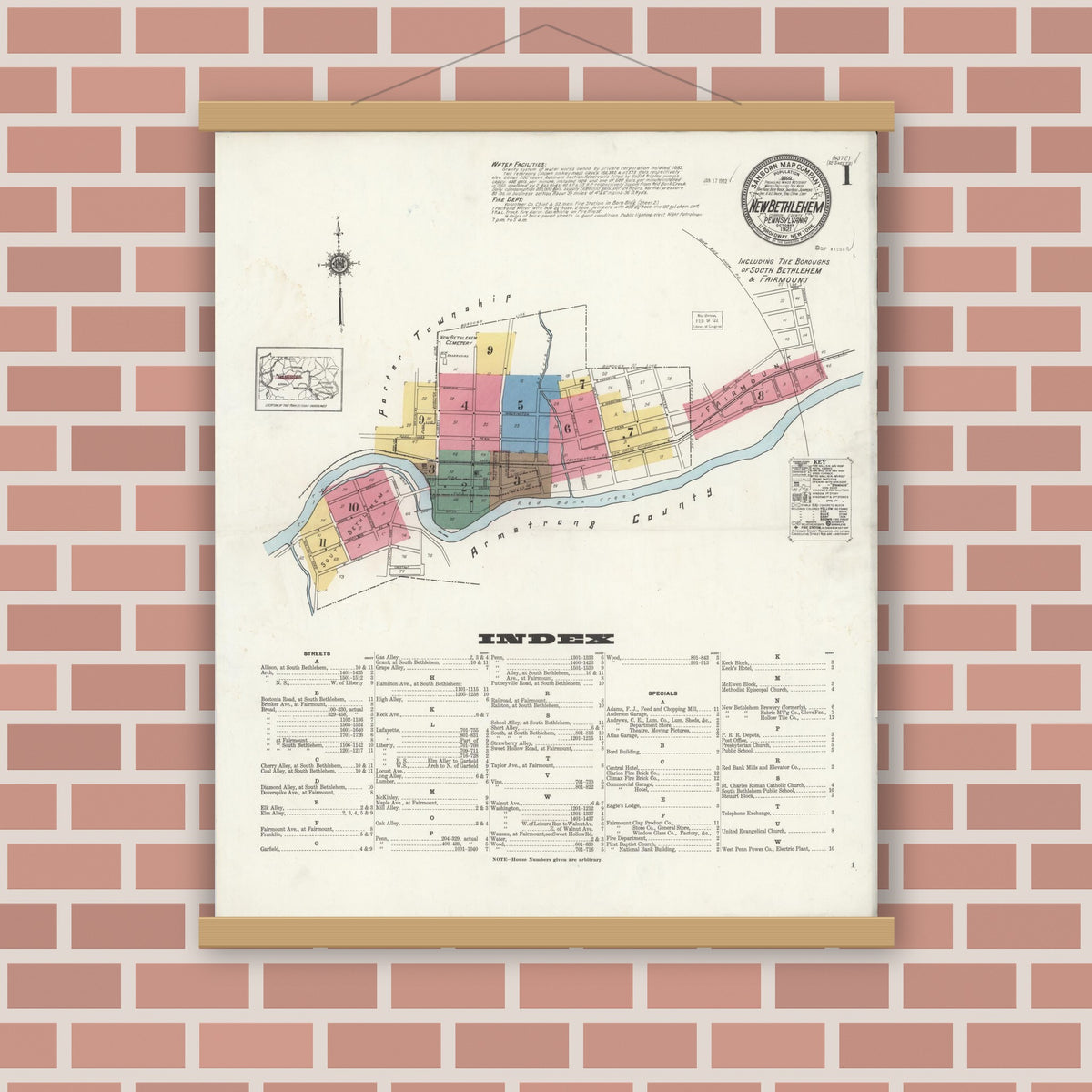 Old map wall art mockup — magnetic wood frame on brick wall — Sanborn Fire Insurance Map from New Bethlehem, Clarion County, Pennsylvania (1921), Sheet #0001