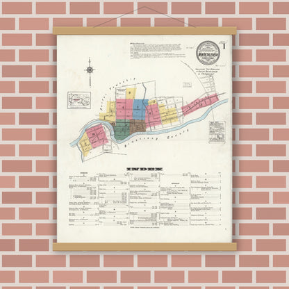 Old map wall art mockup — magnetic wood frame on brick wall — Sanborn Fire Insurance Map from New Bethlehem, Clarion County, Pennsylvania (1921), Sheet #0001