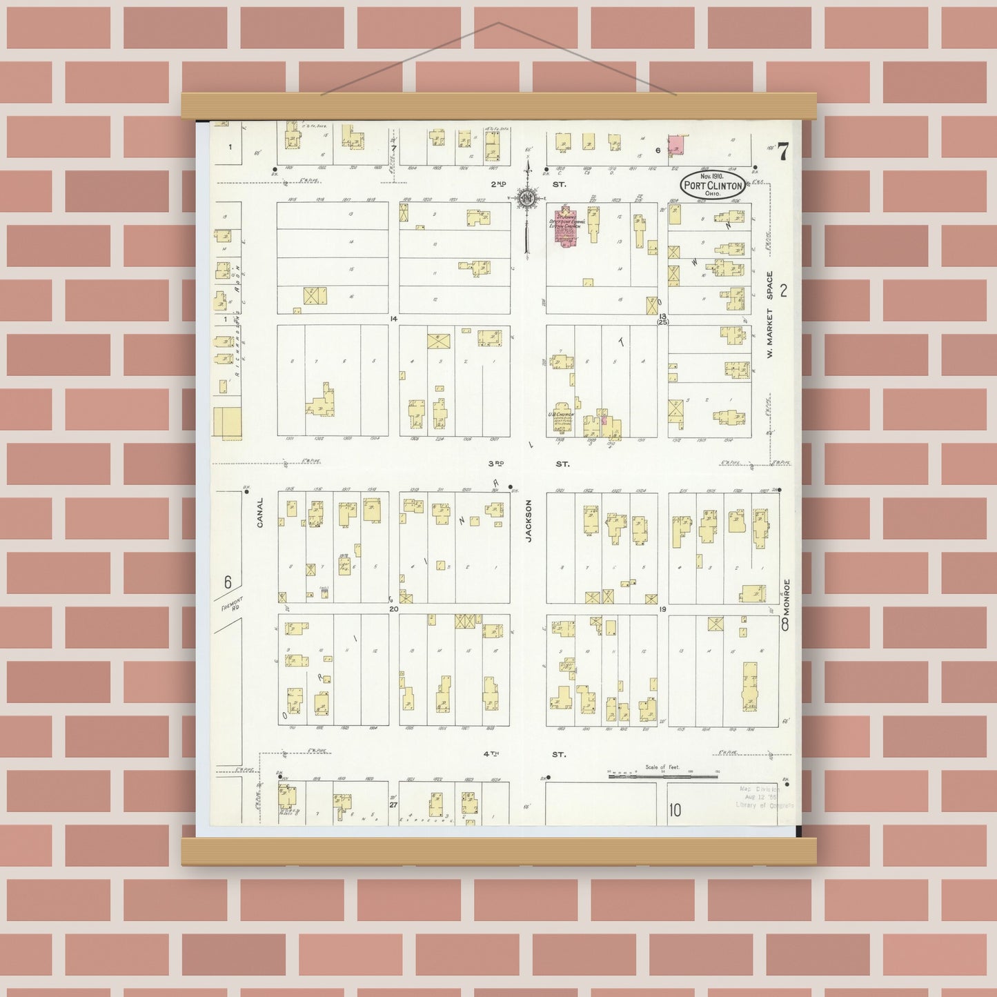 Old map wall art mockup — magnetic wood frame on brick wall — Sanborn Fire Insurance Map from Port Clinton, Ottawa County, Ohio (1910), Sheet #0007