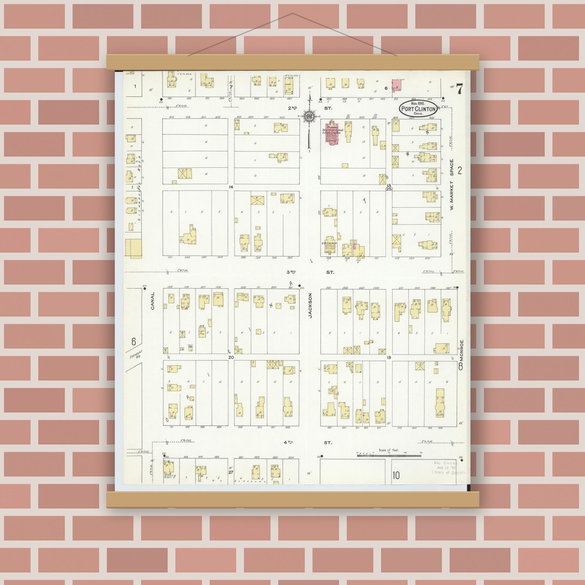 Old map wall art mockup — magnetic wood frame on brick wall — Sanborn Fire Insurance Map from Port Clinton, Ottawa County, Ohio (1910), Sheet #0007