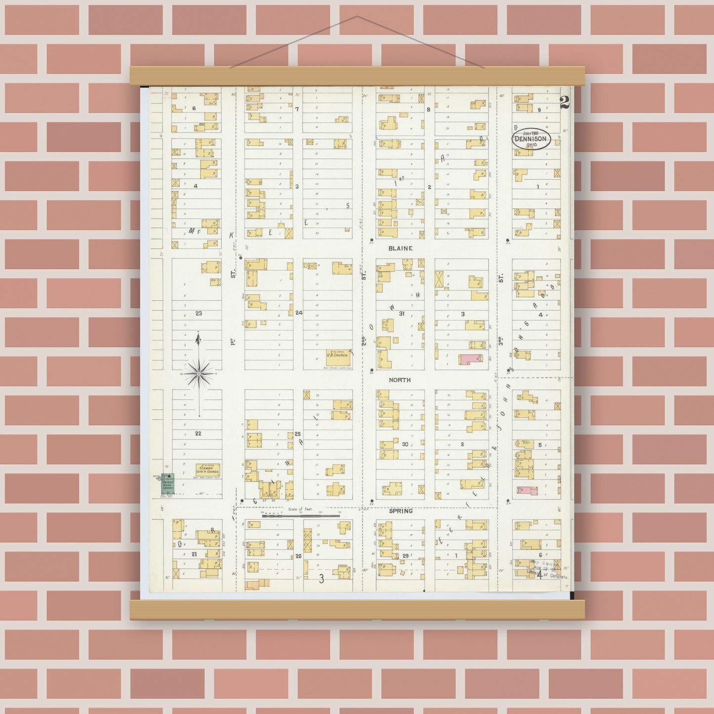 Old map wall art mockup — magnetic wood frame on brick wall — Sanborn Fire Insurance Map from Dennison, Tuscarawas County, Ohio (1901), Sheet #0002