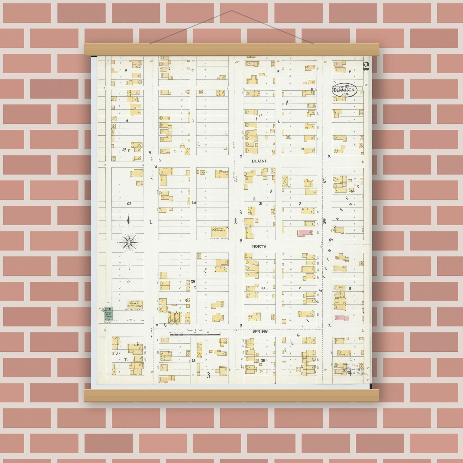 Old map wall art mockup — magnetic wood frame on brick wall — Sanborn Fire Insurance Map from Dennison, Tuscarawas County, Ohio (1901), Sheet #0002