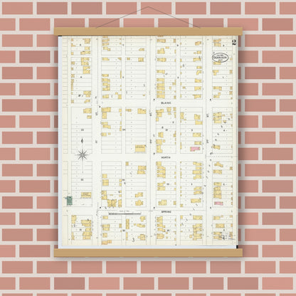 Old map wall art mockup — magnetic wood frame on brick wall — Sanborn Fire Insurance Map from Dennison, Tuscarawas County, Ohio (1901), Sheet #0002