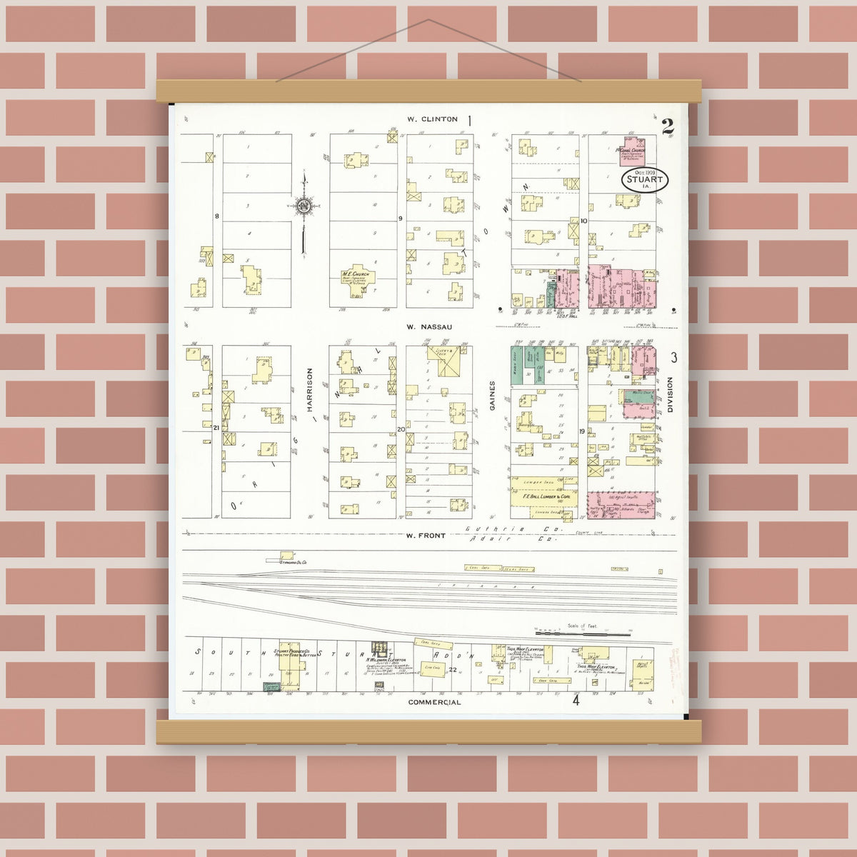 Old map wall art mockup — magnetic wood frame on brick wall — Sanborn Fire Insurance Map from Stuart, Guthrie and Adair Counties, Iowa (1909), Sheet #0002