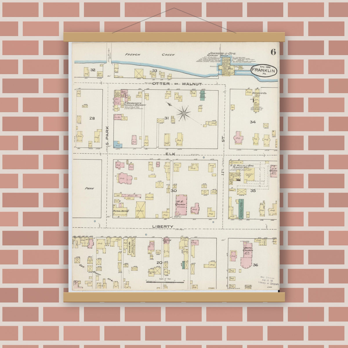 Old map wall art mockup — magnetic wood frame on brick wall — Sanborn Fire Insurance Map from Franklin, Venango County, Pennsylvania (1888), Sheet #0006