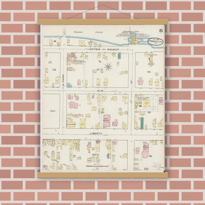 Old map wall art mockup — magnetic wood frame on brick wall — Sanborn Fire Insurance Map from Franklin, Venango County, Pennsylvania (1888), Sheet #0006
