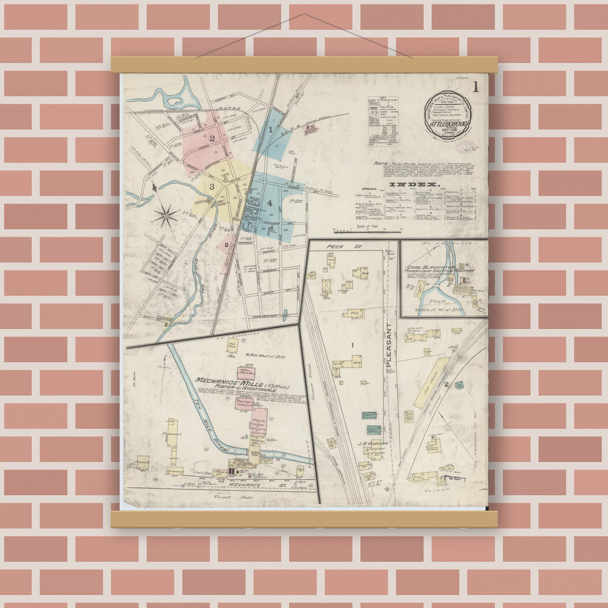 Old map wall art mockup — magnetic wood frame on brick wall — Sanborn Fire Insurance Map from Attleboro, Bristol County, Massachusetts (1885) - Complete Map Set