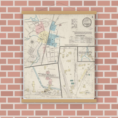 Old map wall art mockup — magnetic wood frame on brick wall — Sanborn Fire Insurance Map from Attleboro, Bristol County, Massachusetts (1885) - Complete Map Set