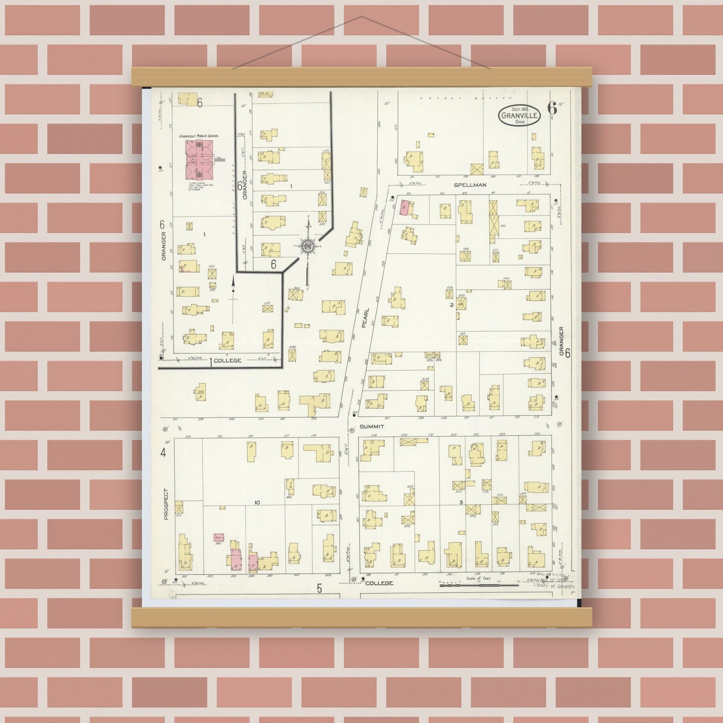 Old map wall art mockup — magnetic wood frame on brick wall — Sanborn Fire Insurance Map from Granville, Licking County, Ohio (1913), Sheet #0006