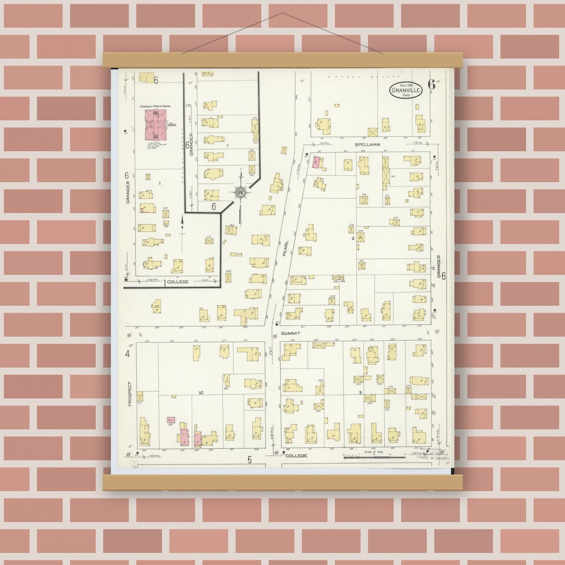 Old map wall art mockup — magnetic wood frame on brick wall — Sanborn Fire Insurance Map from Granville, Licking County, Ohio (1913), Sheet #0006