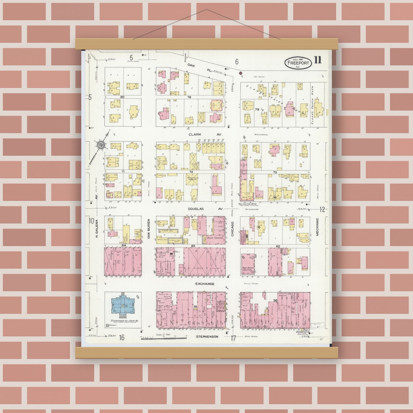 Old map wall art mockup — magnetic wood frame on brick wall — Sanborn Fire Insurance Map from Freeport, Stephenson County, Illinois (1910), Sheet #0011