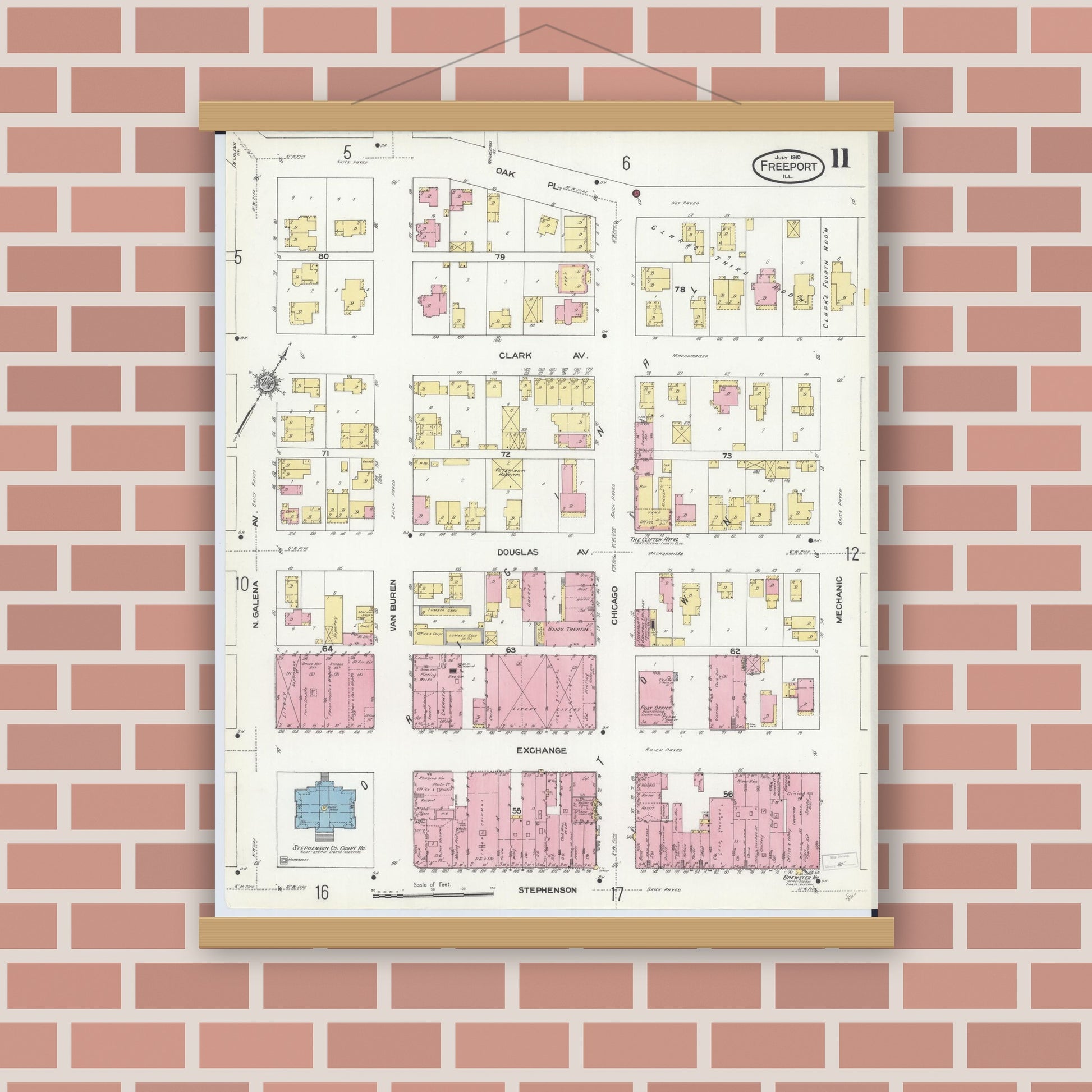 Old map wall art mockup — magnetic wood frame on brick wall — Sanborn Fire Insurance Map from Freeport, Stephenson County, Illinois (1910), Sheet #0011