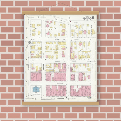 Old map wall art mockup — magnetic wood frame on brick wall — Sanborn Fire Insurance Map from Freeport, Stephenson County, Illinois (1910), Sheet #0011