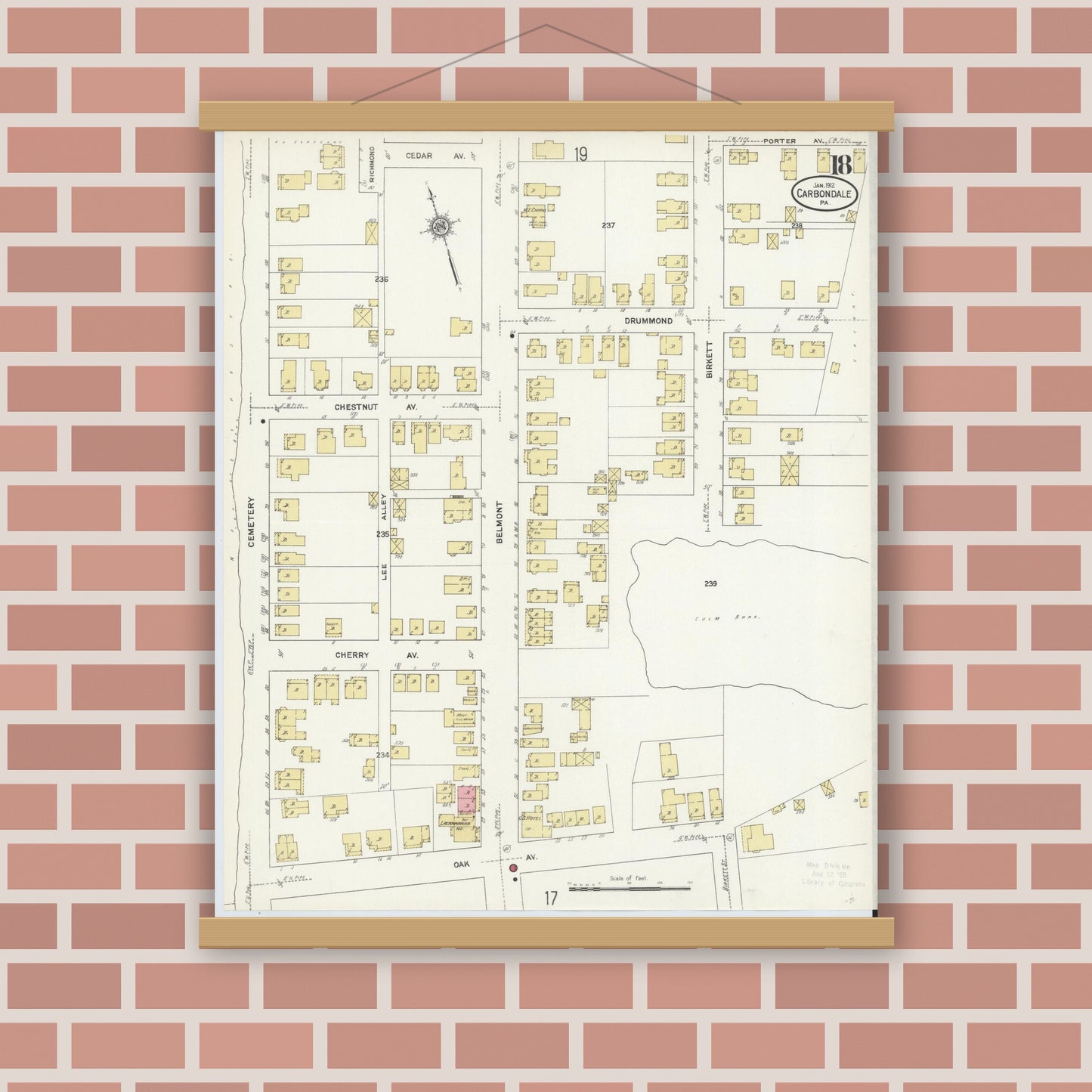 Old map wall art mockup — magnetic wood frame on brick wall — Sanborn Fire Insurance Map from Carbondale, Lackawanna County, Pennsylvania (1912), Sheet #0018
