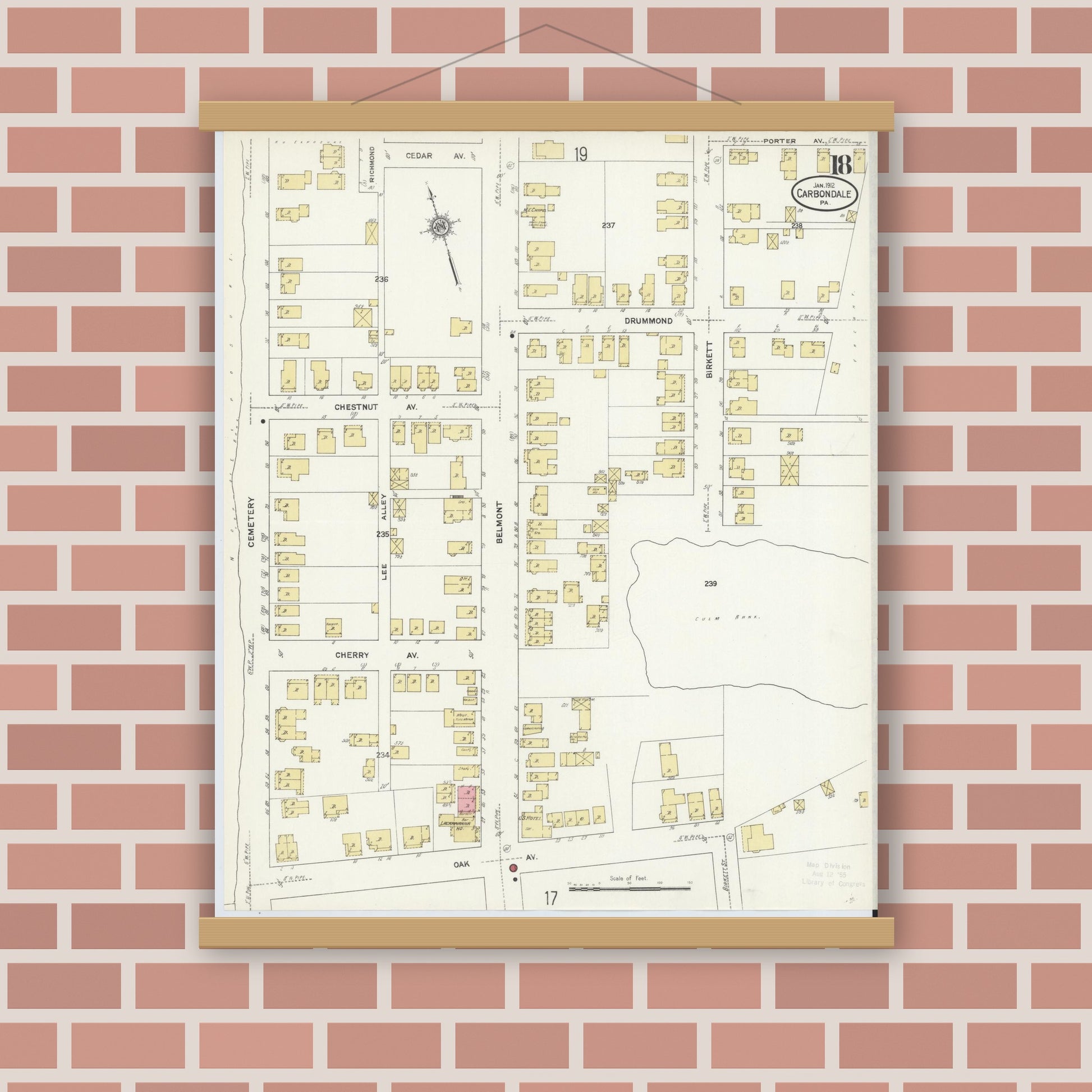 Old map wall art mockup — magnetic wood frame on brick wall — Sanborn Fire Insurance Map from Carbondale, Lackawanna County, Pennsylvania (1912), Sheet #0018
