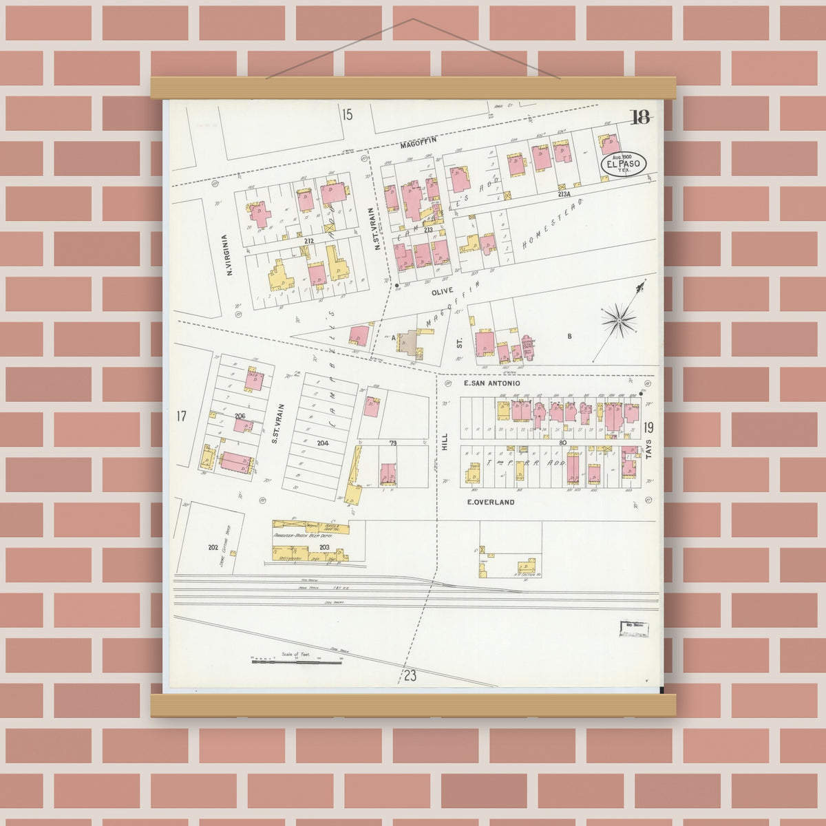 Old map wall art mockup — magnetic wood frame on brick wall — Sanborn Fire Insurance Map from El Paso, El Paso County, Texas (1900), Sheet #0018