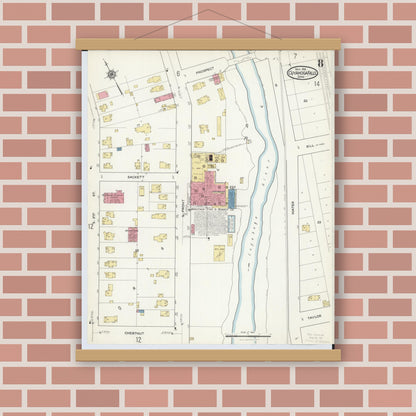 Old map wall art mockup — magnetic wood frame on brick wall — Sanborn Fire Insurance Map from Cuyahoga Falls, Summit County, Ohio (1916), Sheet #0008