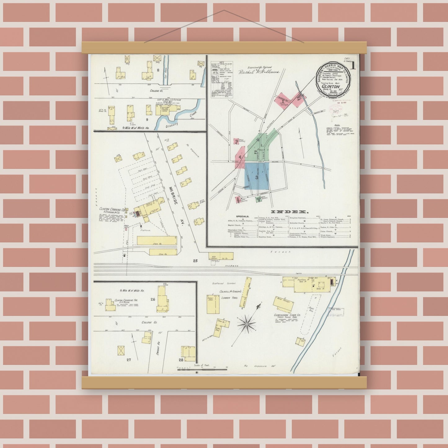 Old map wall art mockup — magnetic wood frame on brick wall — Sanborn Fire Insurance Map from Clinton, Oneida County, New York (1895) - Complete Map Set