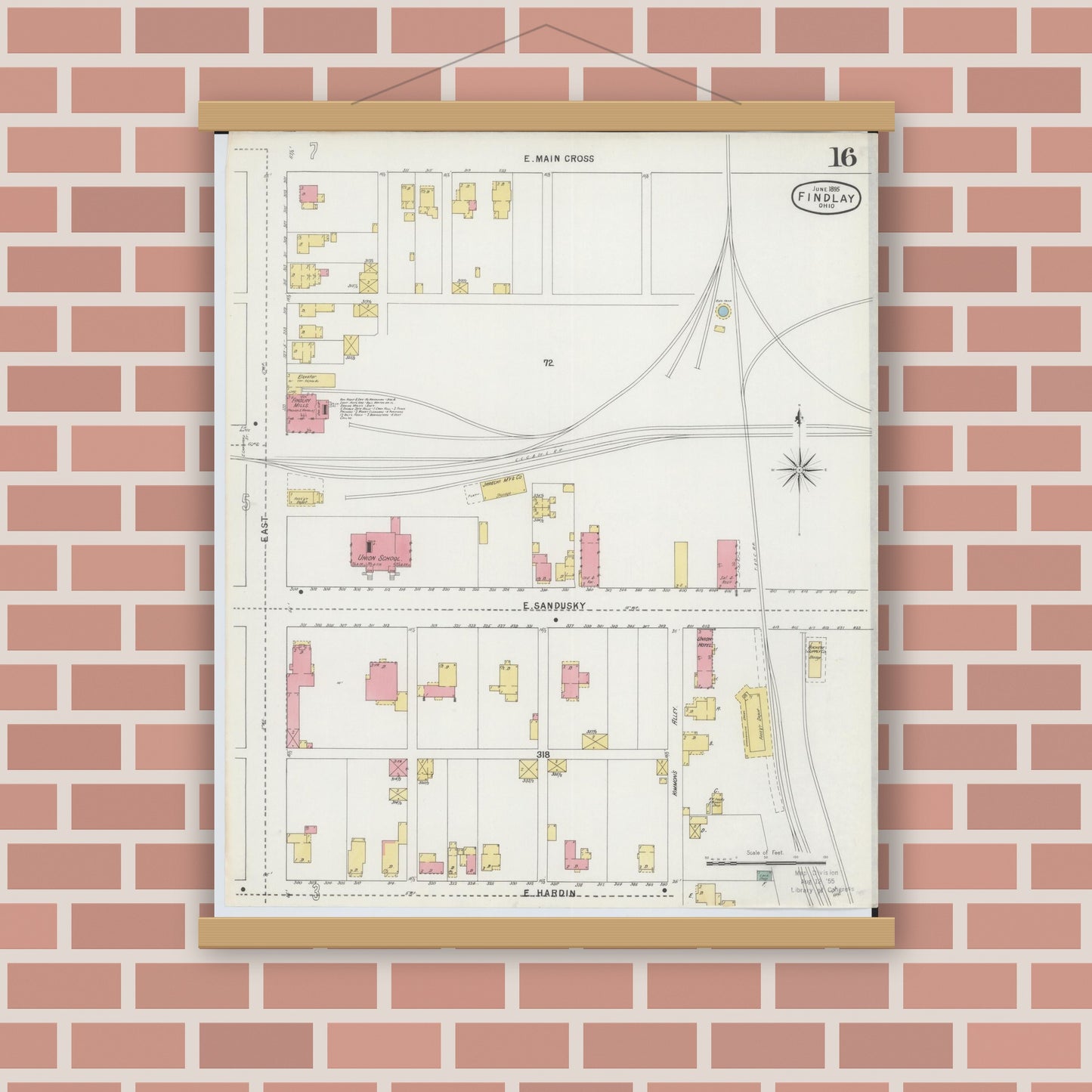 Old map wall art mockup — magnetic wood frame on brick wall — Sanborn Fire Insurance Map from Findlay, Hancock County, Ohio (1895), Sheet #0016