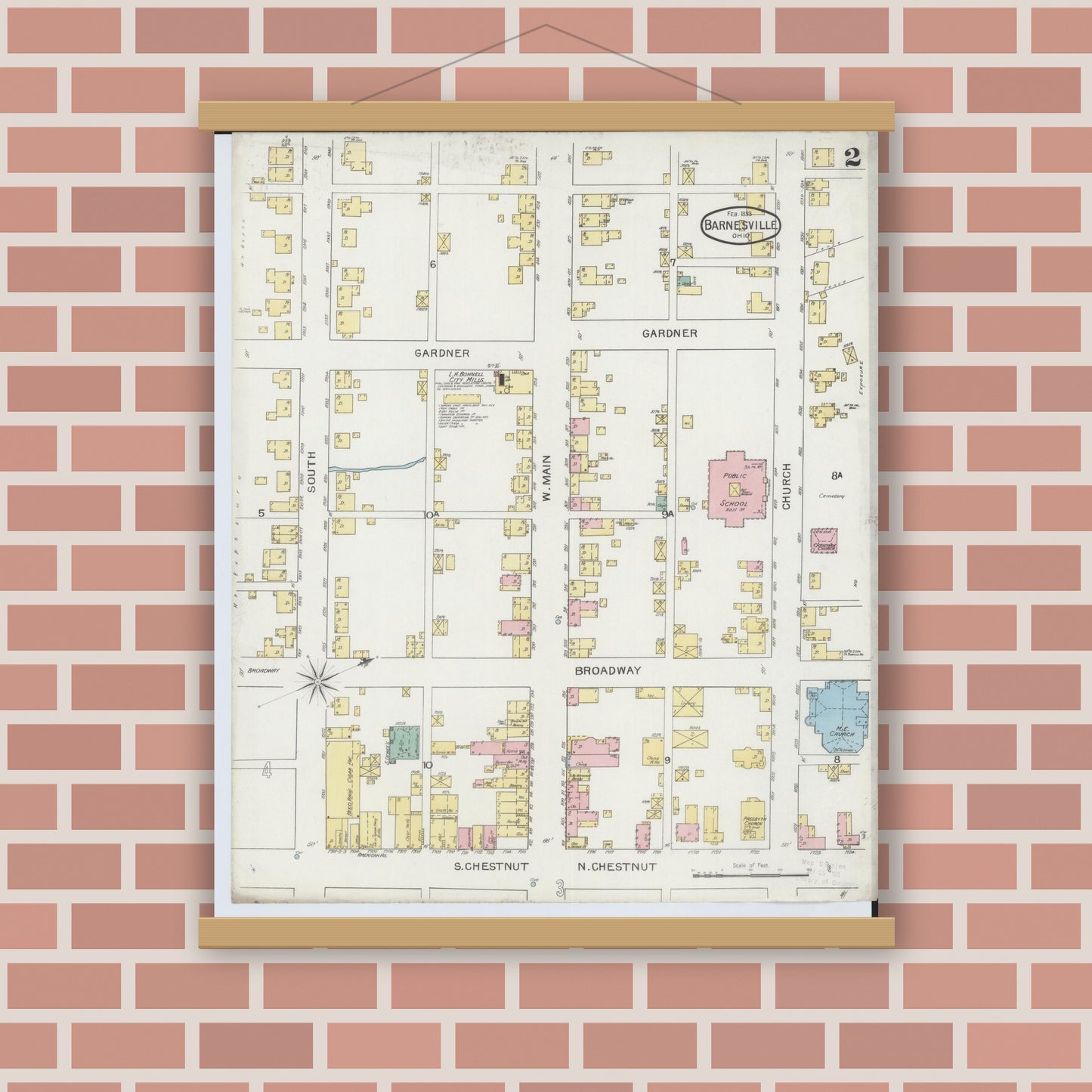 Old map wall art mockup — magnetic wood frame on brick wall — Sanborn Fire Insurance Map from Barnesville, Belmont County, Ohio (1893), Sheet #0002