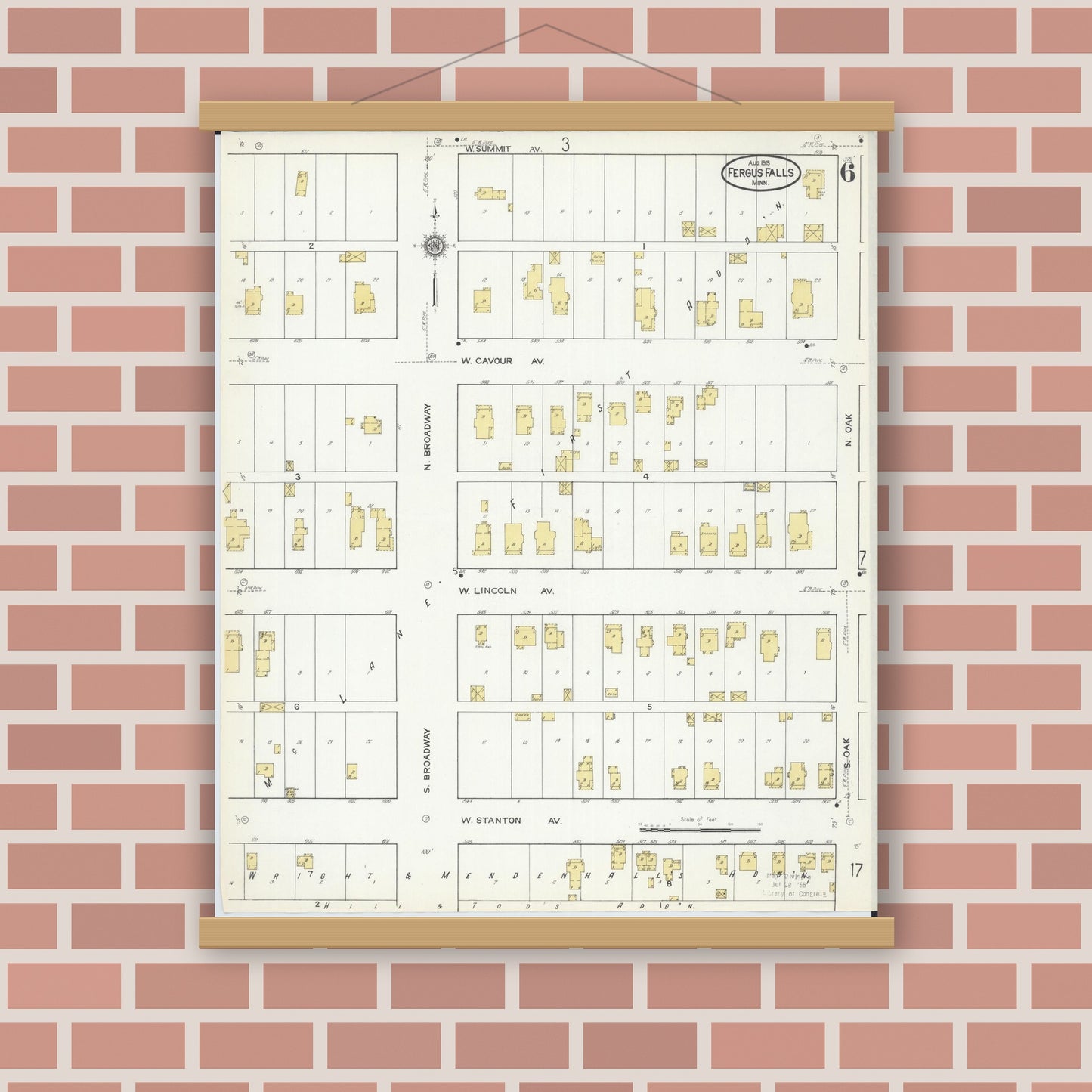 Old map wall art mockup — magnetic wood frame on brick wall — Sanborn Fire Insurance Map from Fergus Falls, Otter Tail County, Minnesota (1915), Sheet #0006