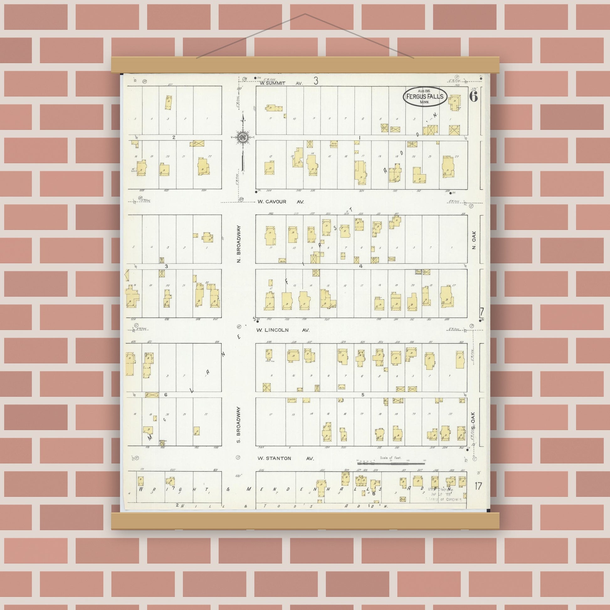 Old map wall art mockup — magnetic wood frame on brick wall — Sanborn Fire Insurance Map from Fergus Falls, Otter Tail County, Minnesota (1915), Sheet #0006