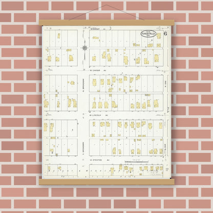 Old map wall art mockup — magnetic wood frame on brick wall — Sanborn Fire Insurance Map from Fergus Falls, Otter Tail County, Minnesota (1915), Sheet #0006