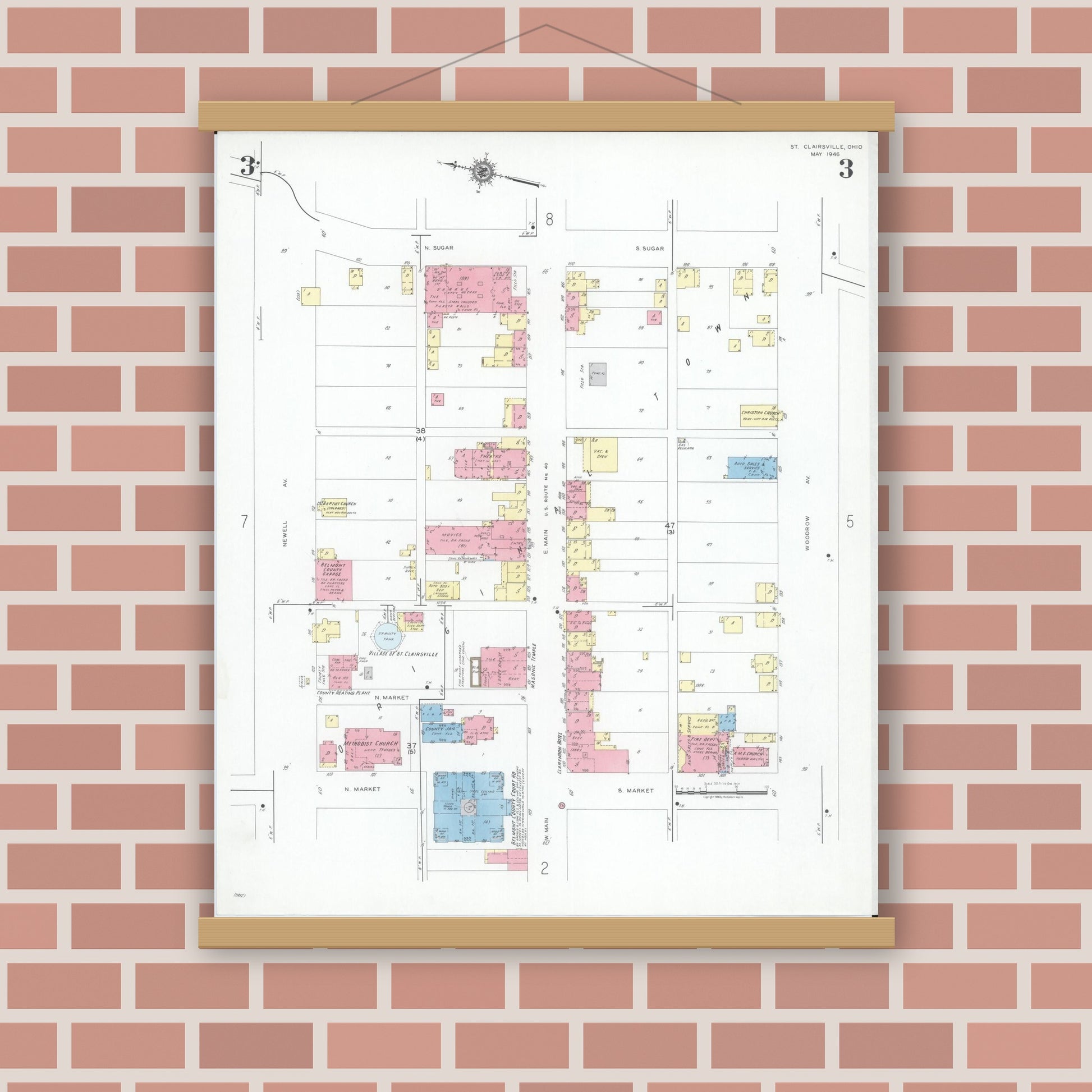Old map wall art mockup — magnetic wood frame on brick wall — Sanborn Fire Insurance Map from Saint Clairsville, Belmont County, Ohio (1946), Sheet #0003