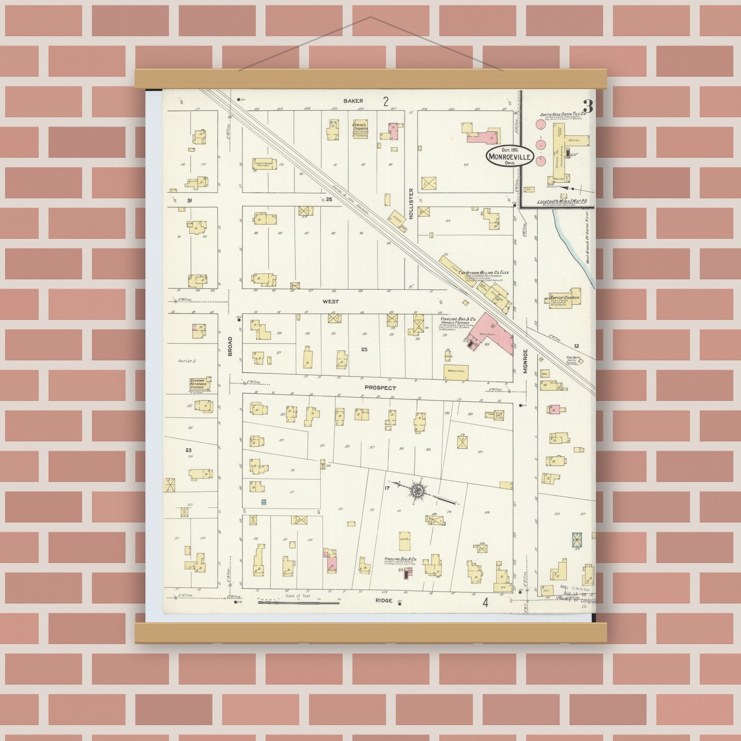 Old map wall art mockup — magnetic wood frame on brick wall — Sanborn Fire Insurance Map from Monroeville, Huron County, Ohio (1911), Sheet #0003