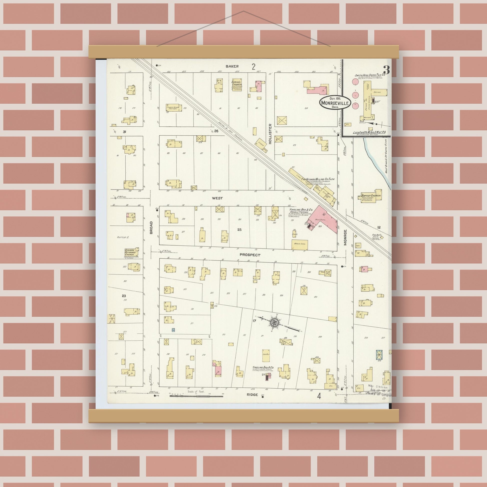 Old map wall art mockup — magnetic wood frame on brick wall — Sanborn Fire Insurance Map from Monroeville, Huron County, Ohio (1911), Sheet #0003