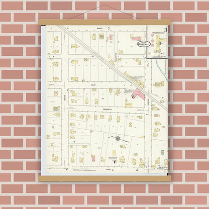 Old map wall art mockup — magnetic wood frame on brick wall — Sanborn Fire Insurance Map from Monroeville, Huron County, Ohio (1911), Sheet #0003