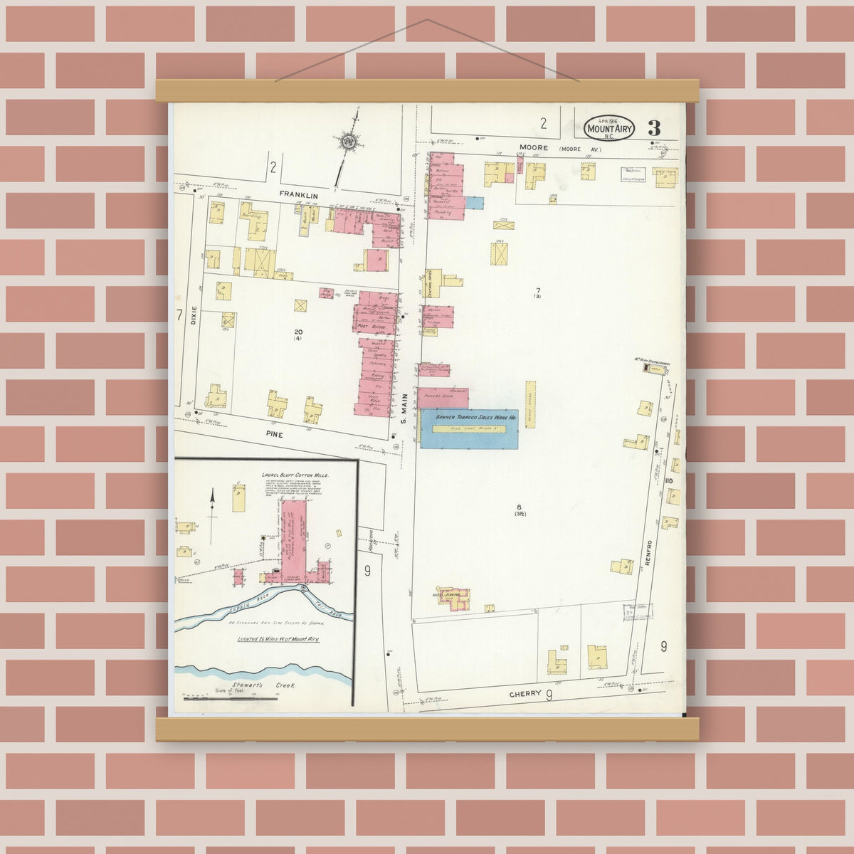 Old map wall art mockup — magnetic wood frame on brick wall — Sanborn Fire Insurance Map from Mount Airy, Surry County, North Carolina (1916), Sheet #0003