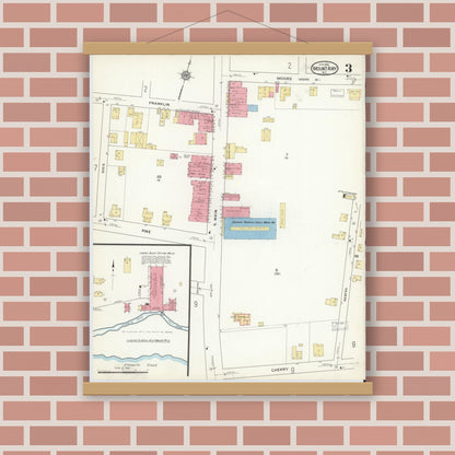 Old map wall art mockup — magnetic wood frame on brick wall — Sanborn Fire Insurance Map from Mount Airy, Surry County, North Carolina (1916), Sheet #0003