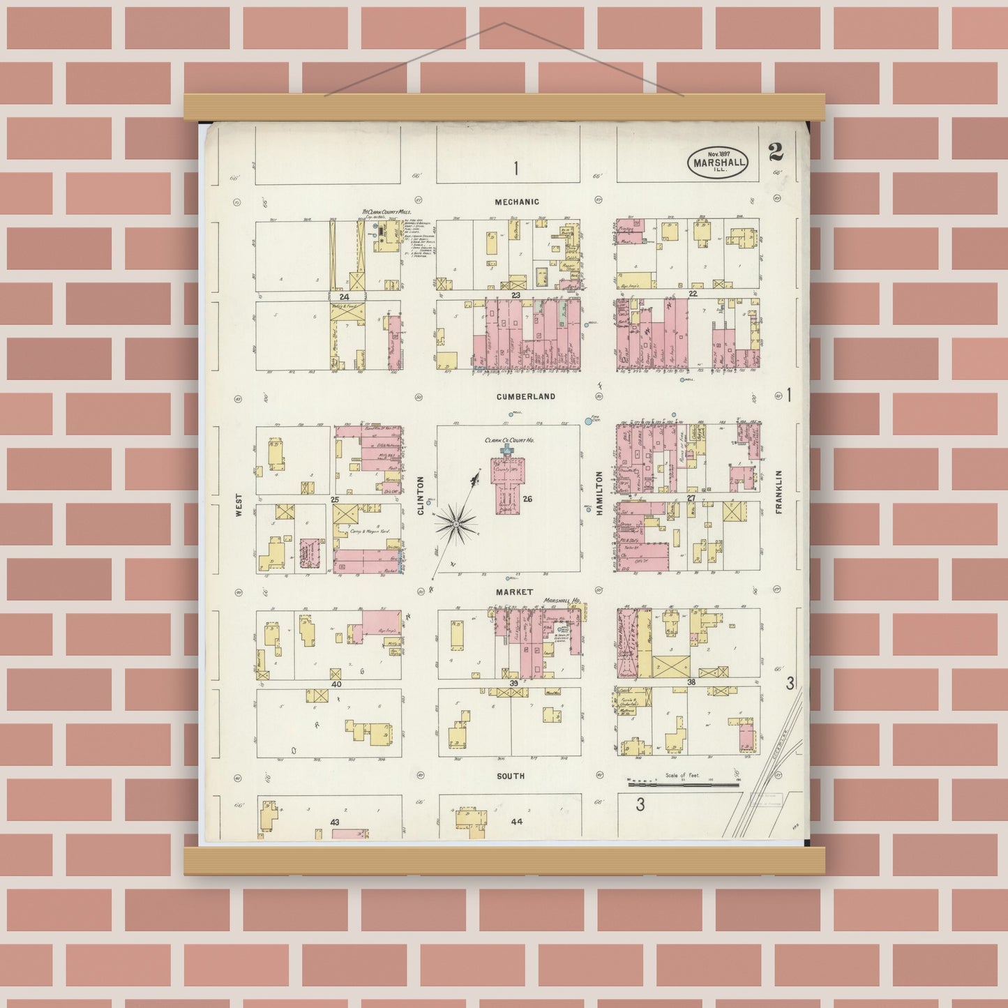Old map wall art mockup — magnetic wood frame on brick wall — Sanborn Fire Insurance Map from Marshall, Clark County, Illinois (1897), Sheet #0002