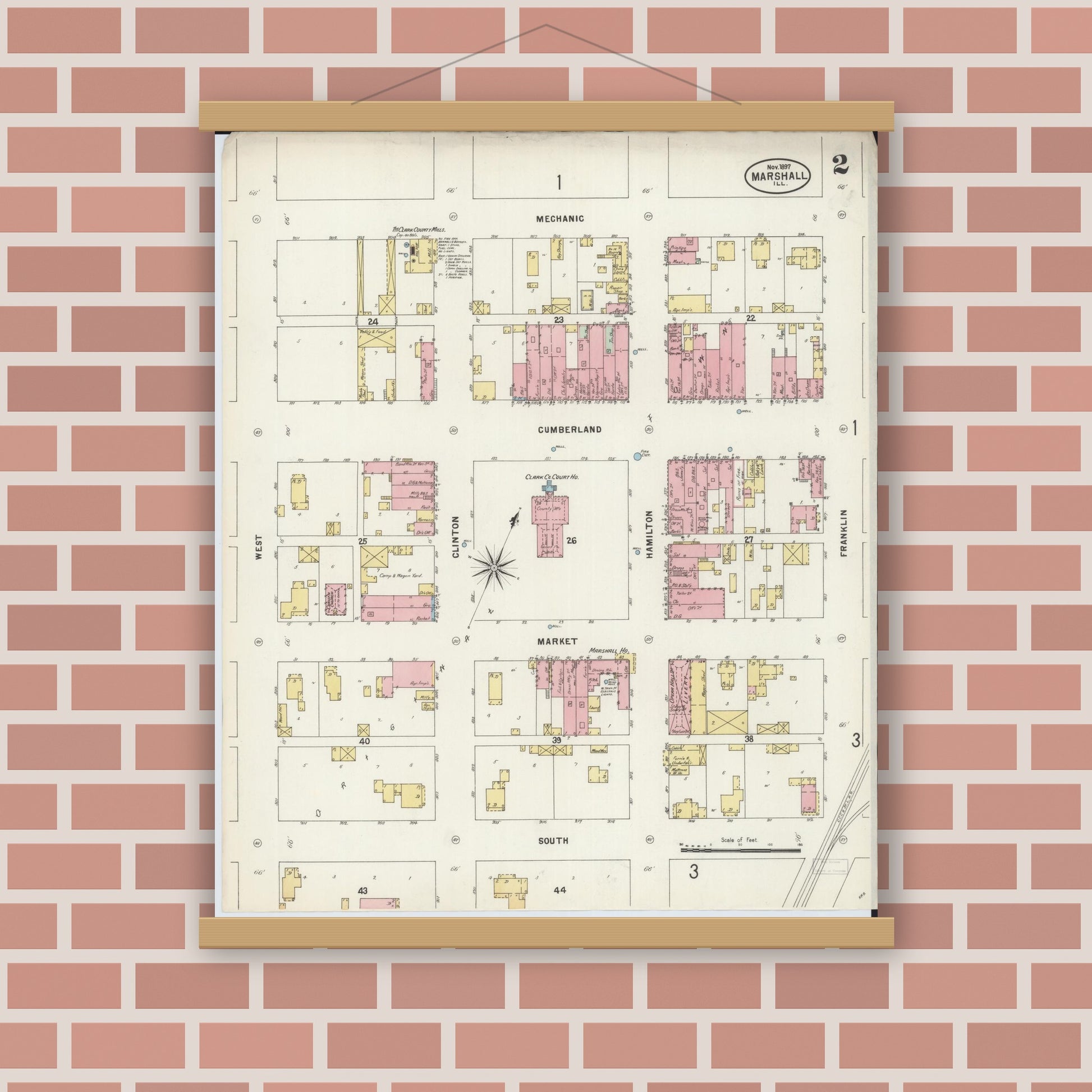 Old map wall art mockup — magnetic wood frame on brick wall — Sanborn Fire Insurance Map from Marshall, Clark County, Illinois (1897), Sheet #0002