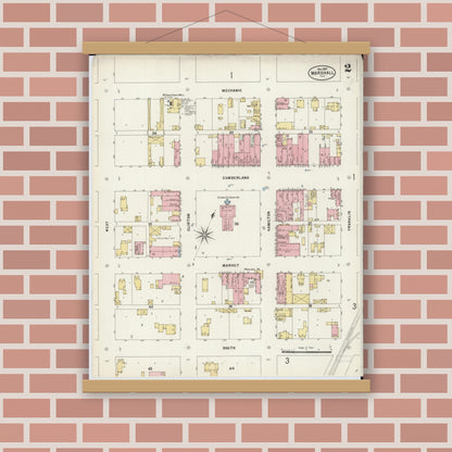 Old map wall art mockup — magnetic wood frame on brick wall — Sanborn Fire Insurance Map from Marshall, Clark County, Illinois (1897), Sheet #0002