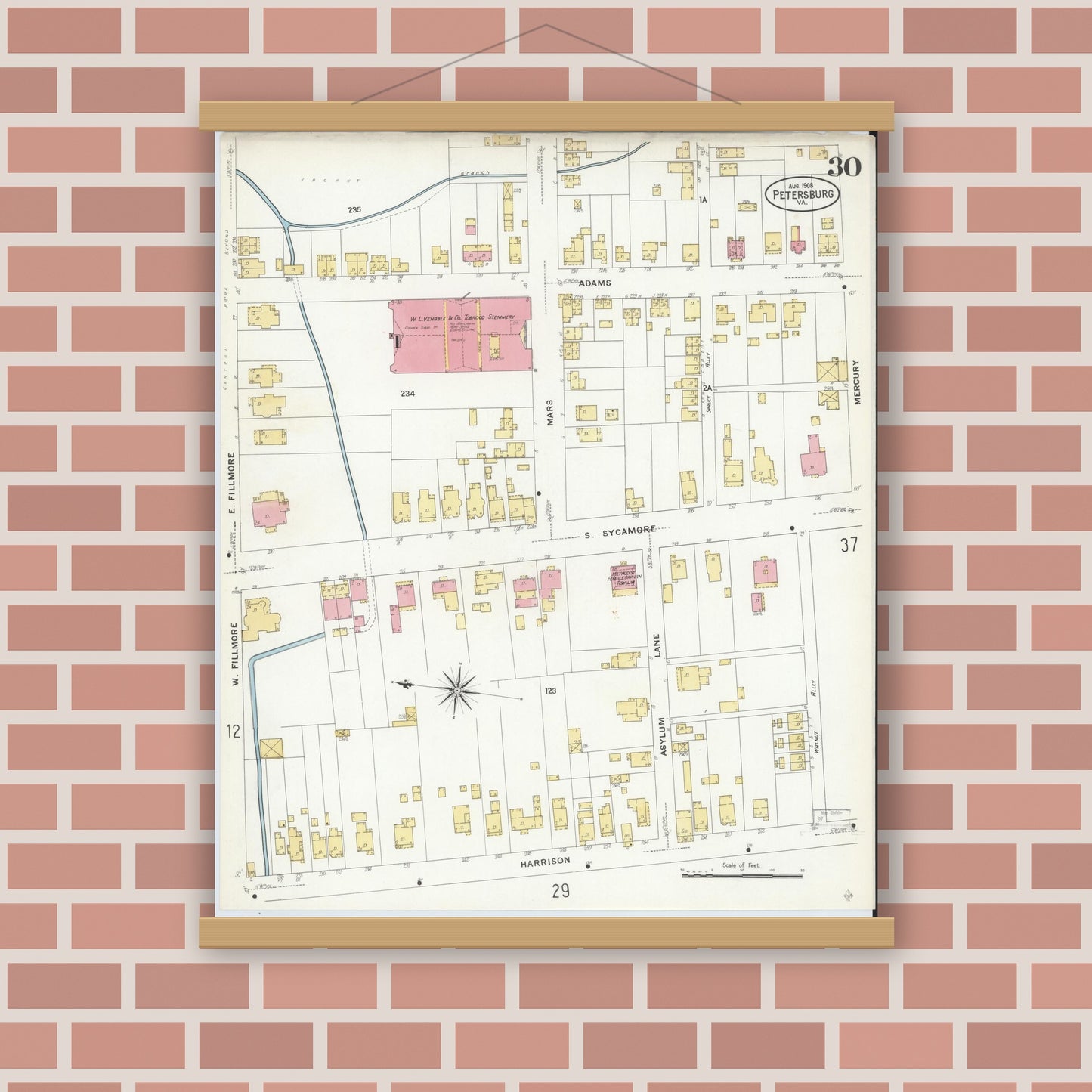 Old map wall art mockup — magnetic wood frame on brick wall — Sanborn Fire Insurance Map from Petersburg, Independent Cities, Virginia (1908), Sheet #0030