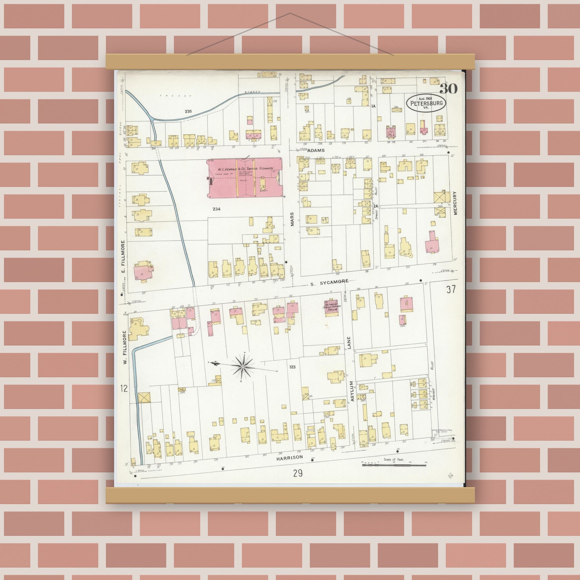 Old map wall art mockup — magnetic wood frame on brick wall — Sanborn Fire Insurance Map from Petersburg, Independent Cities, Virginia (1908), Sheet #0030