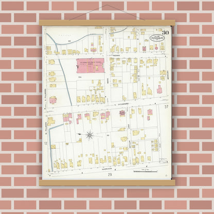 Old map wall art mockup — magnetic wood frame on brick wall — Sanborn Fire Insurance Map from Petersburg, Independent Cities, Virginia (1908), Sheet #0030
