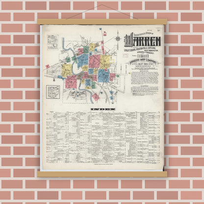 Old map wall art mockup — magnetic wood frame on brick wall — Sanborn Fire Insurance Map from Warren, Trumbull County, Ohio (1915), Sheet #0001