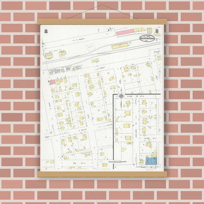 Old map wall art mockup — magnetic wood frame on brick wall — Sanborn Fire Insurance Map from Mountain Grove, Wright County, Missouri (1929), Sheet #0008