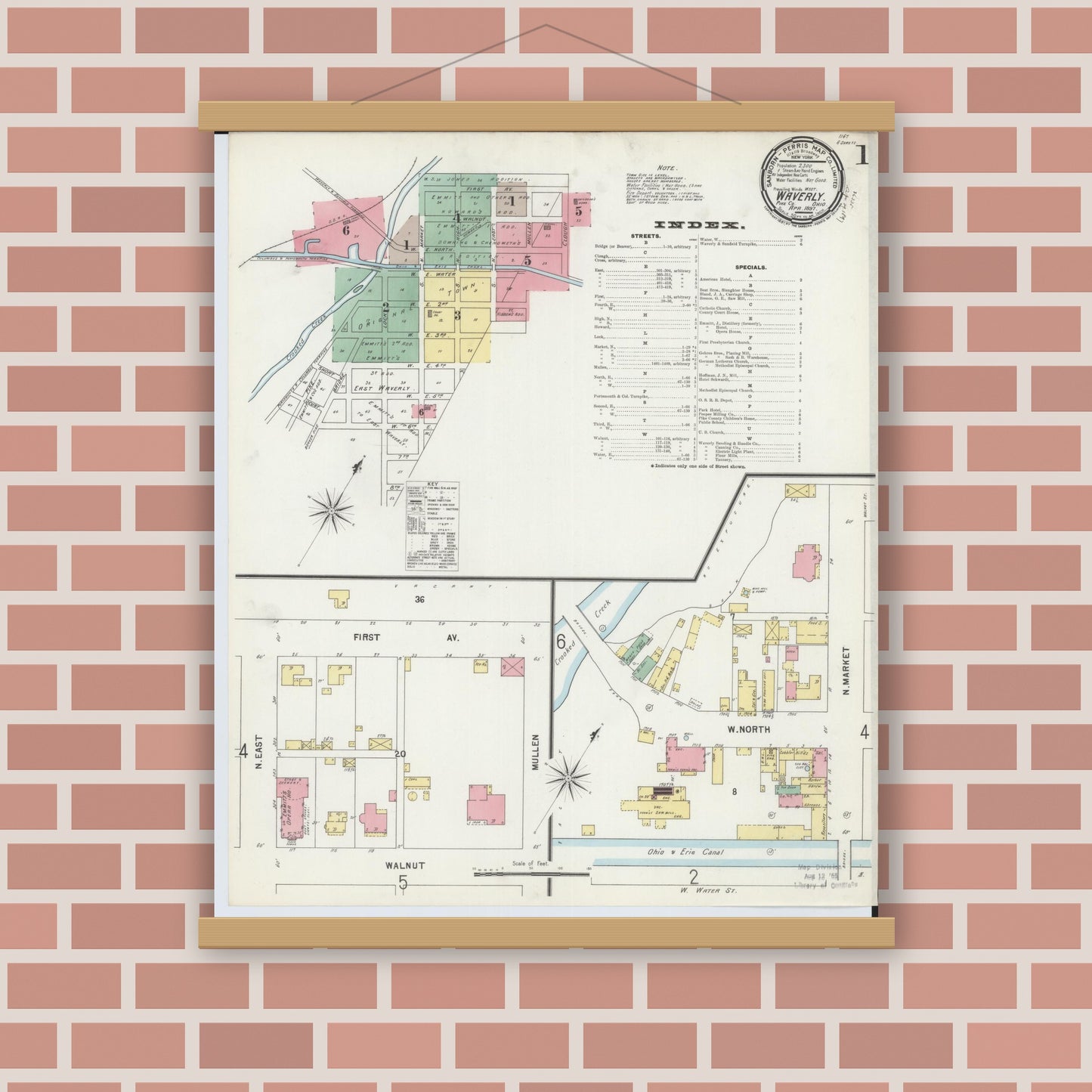 Old map wall art mockup — magnetic wood frame on brick wall — Sanborn Fire Insurance Map from Waverly, Pike County, Ohio (1897), Sheet #0001